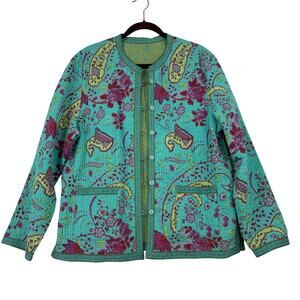 Provence Damour Reversible Blazer Jacket Size XL Blue Green Cotton India Quilted